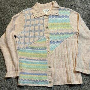 Vintage cottage core knitted multicolor pastel cardigan sweater size large.‎